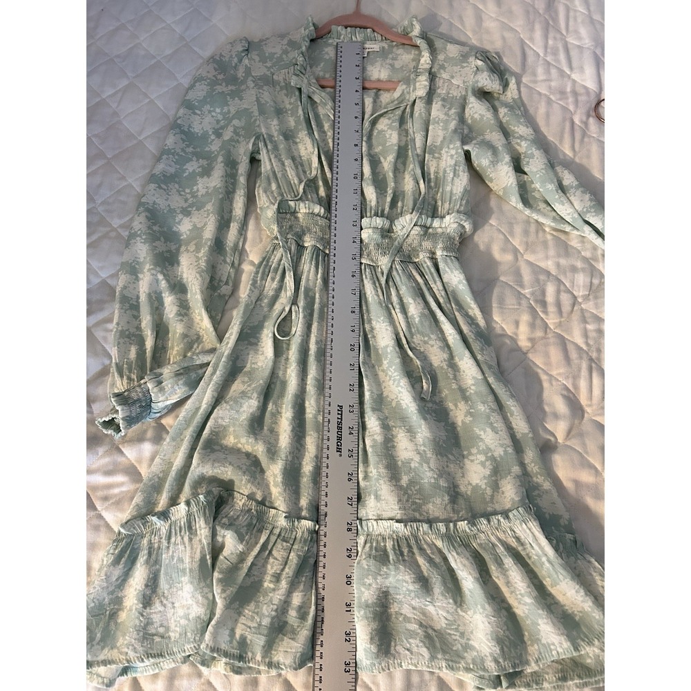 Blu Pepper Sage Green Floral Mini Dress Medium Cottagecore Boho Ruffle Smocked - Picture 10 of 10